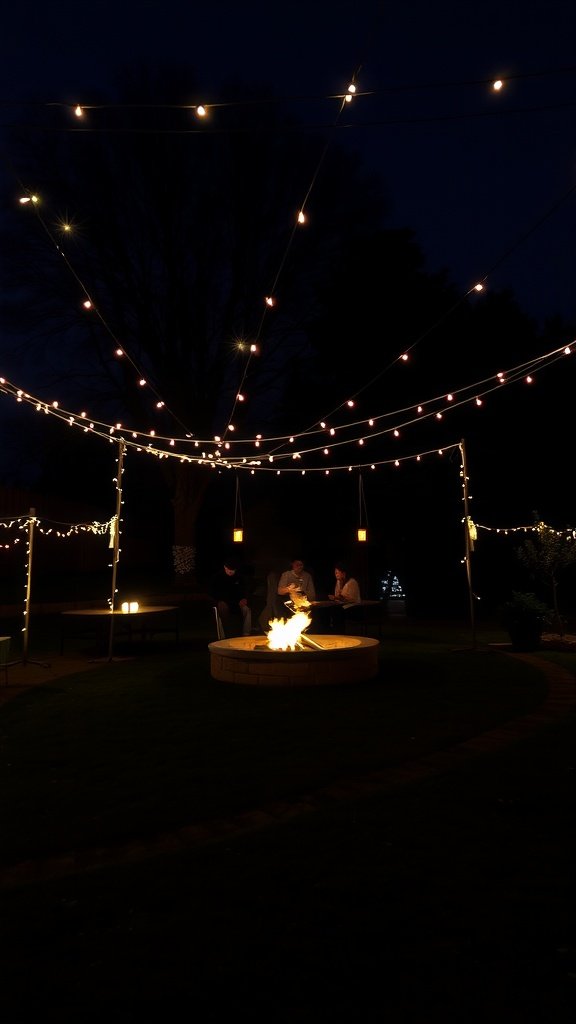 A cozy fire pit surrounded by string lights and lanterns at night, with people gathered around.