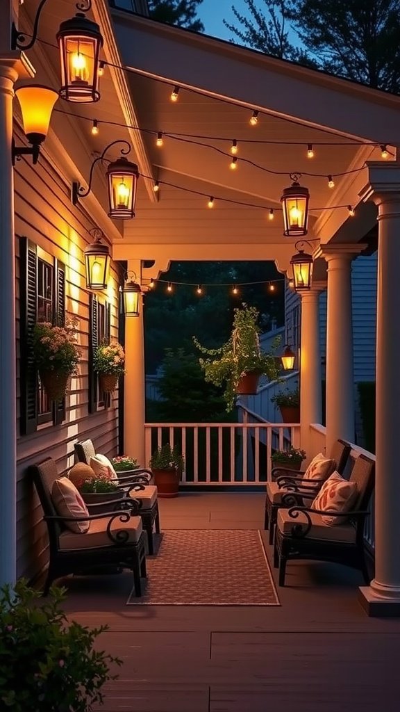 Cozy porch with warm lighting, featuring lanterns and string lights, creating an inviting atmosphere