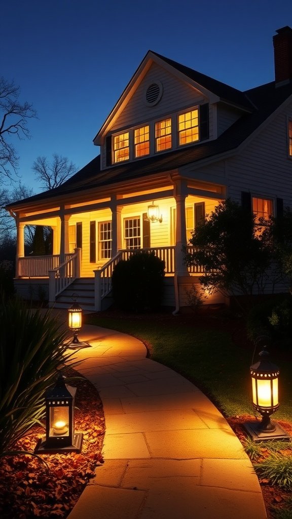 A luxury cape cod house exterior illuminated by soft outdoor lighting along a stone path.