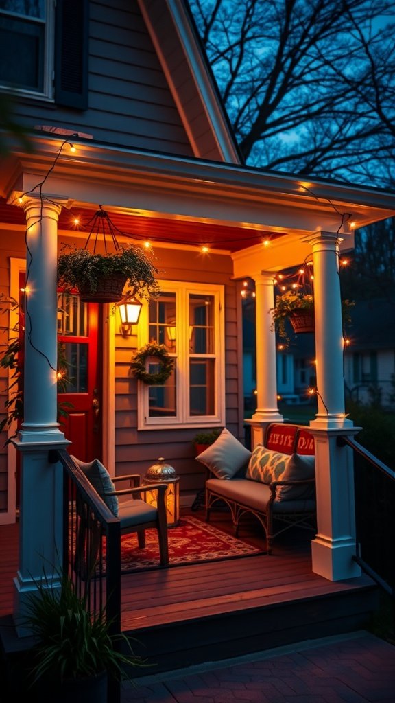 A beautifully decorated front porch with string lights and cozy seating.