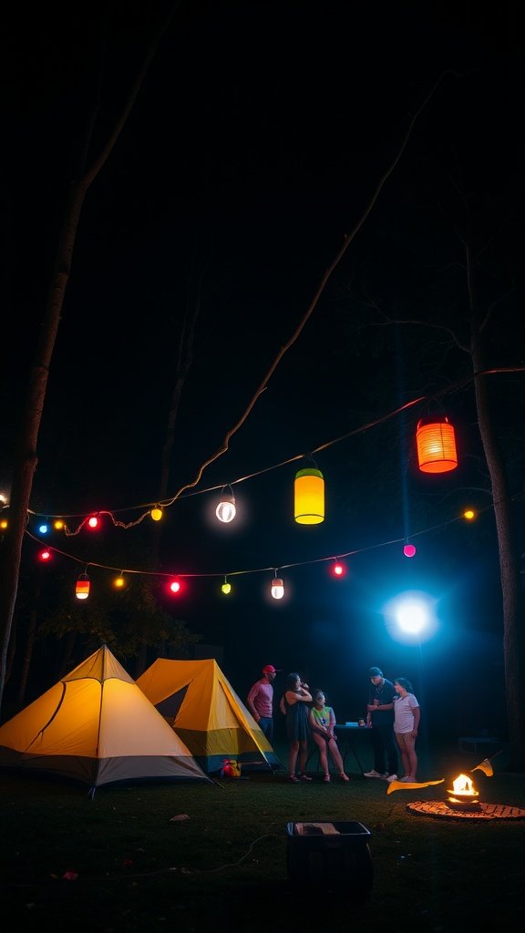 A cozy campsite lit with string lights and lanterns, showcasing friends gathered around a lantern.