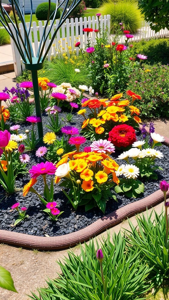 A colorful flower bed surrounded by rubber mulch, featuring various flowers and a clean edge.