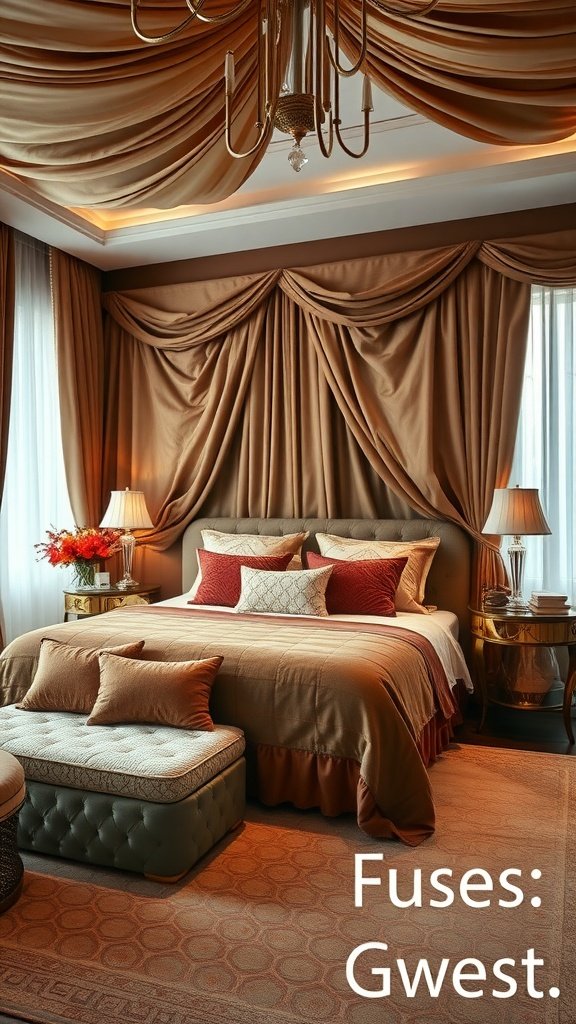 Luxurious guest bedroom with rich brown textures and elegant drapery.