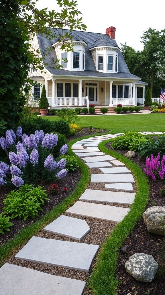 Luxury Cape Cod house with a landscaped garden and stone pathway