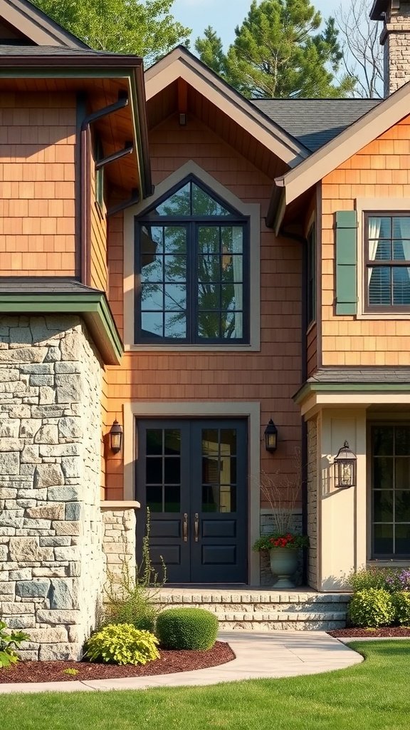 Luxury Cape Cod house exterior featuring wood shingles and stone.