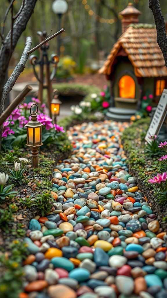 A colorful pebble pathway leading to a fairy house, surrounded by flowers and lanterns.