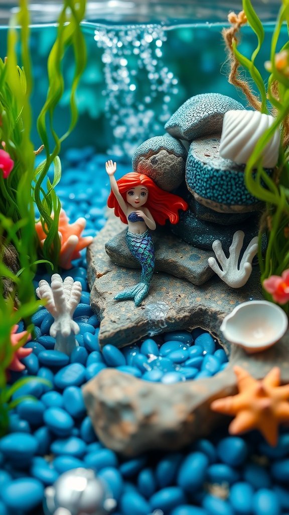 A colorful under the sea fairy garden with a mermaid figure, blue stones, and decorative corals.