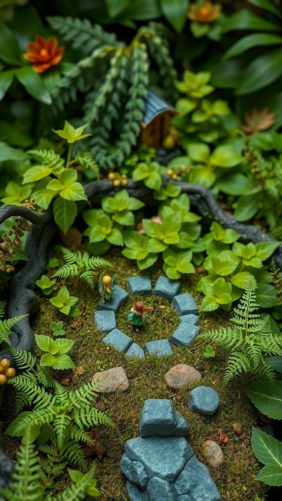 A fairy garden scene with tiny figures, a stone circle, and lush greenery.
