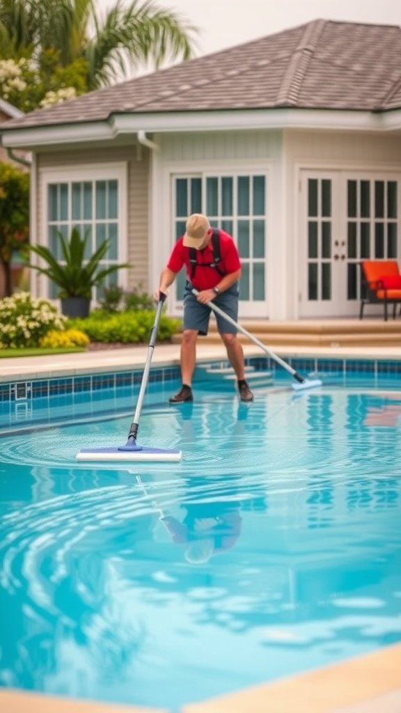 A person cleaning a pool with a cleaning tool, ensuring the water is clear and the pool area looks inviting.