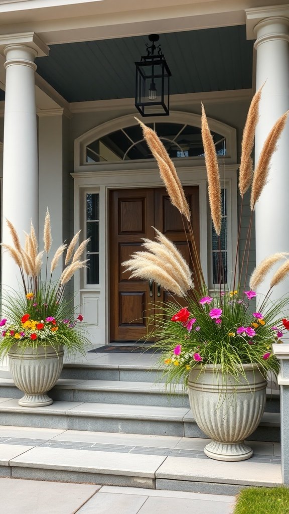 Large planters with colorful flowers and pampas grass on a front porch