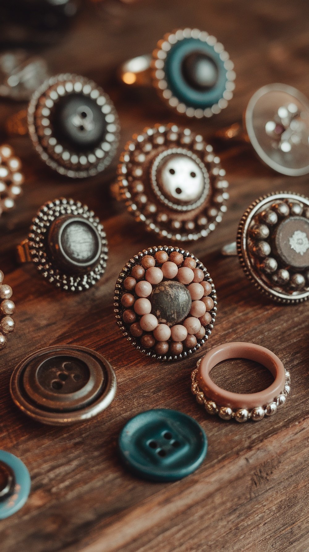 An assortment of statement rings made from vintage buttons arranged on a wooden surface.