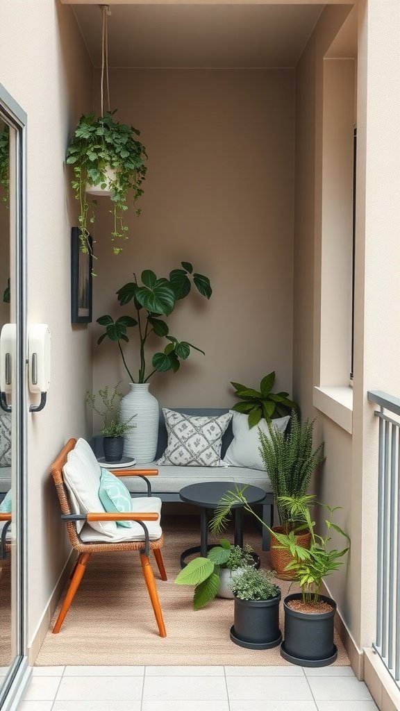 A cozy balcony corner with a sofa, small table, and various indoor plants.