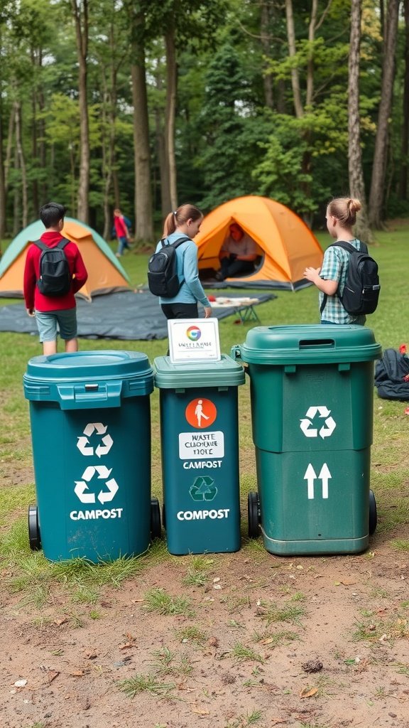 Three waste bins labeled for compost and recycling at a campsite with tents in the background.