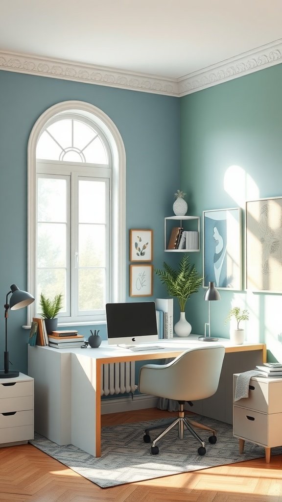 A modern home office with blue and green walls, a desk with a computer, and plants.