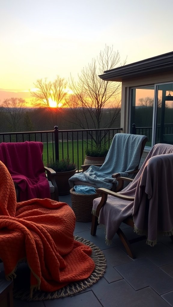 A cozy patio with colorful blankets draped over chairs, overlooking a sunset.