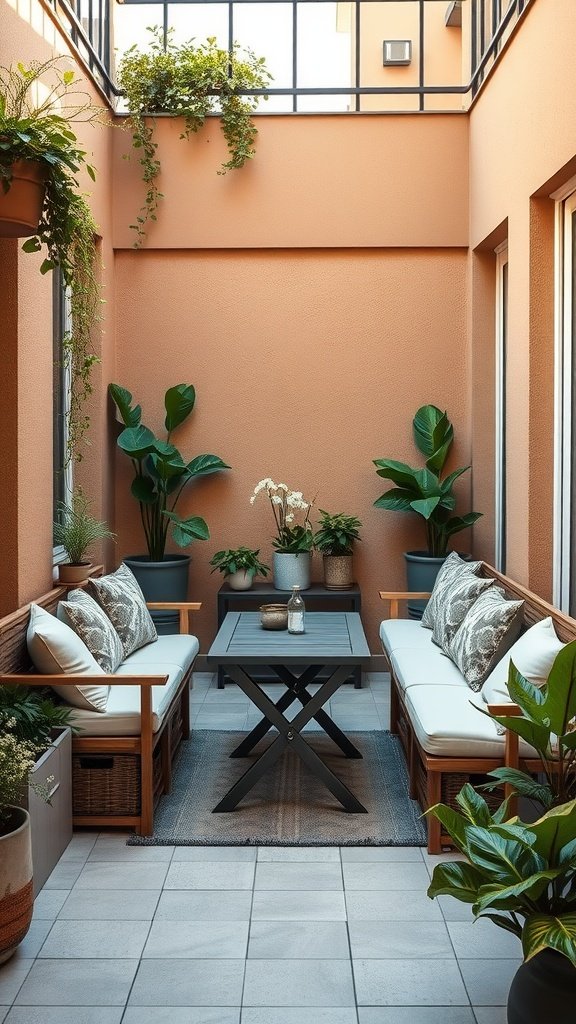 A cozy small balcony with multi-functional furniture, featuring two seating areas, a central table, and various plants.