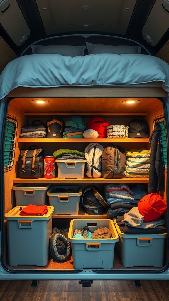 Organized under-bed storage in a camper with bins and folded clothes.