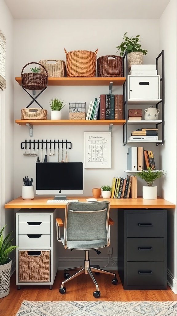 A well-organized home office featuring shelves, baskets, plants, and a stylish desk setup.