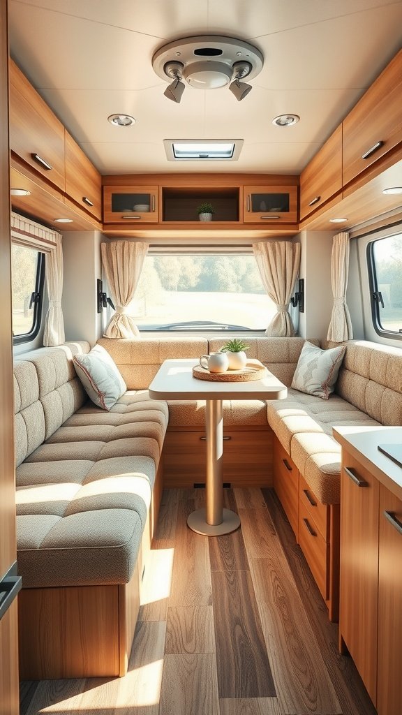 Cozy RV interior with multi-functional furniture, including L-shaped couch, central table, and overhead cabinets.