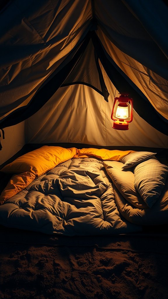 Cozy tent interior with soft bedding and a lantern.