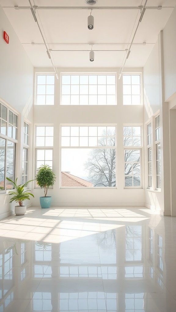 Bright room with large windows and reflections on the floor