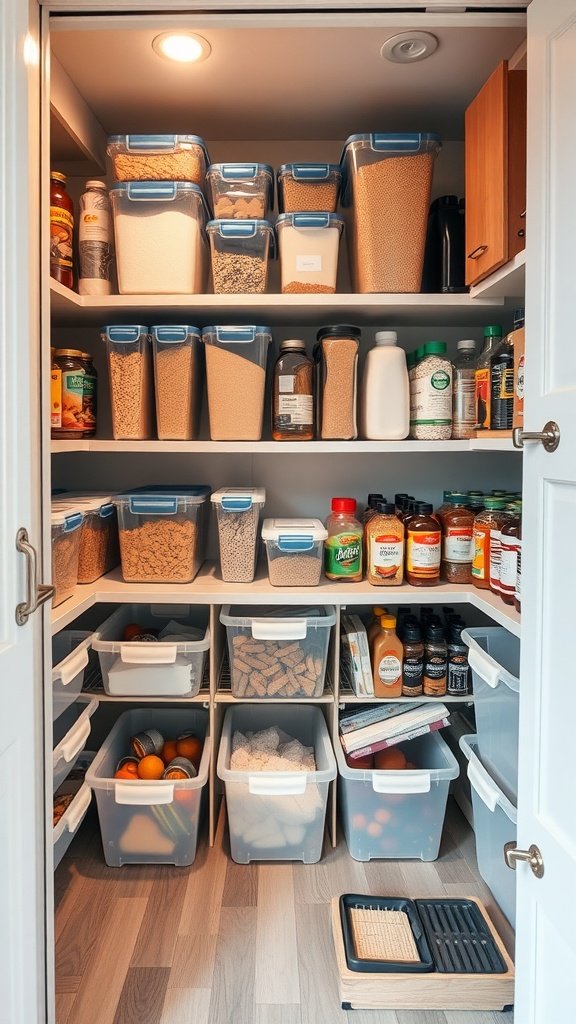 A well-organized RV pantry filled with clear storage containers, neatly stacked and labeled.