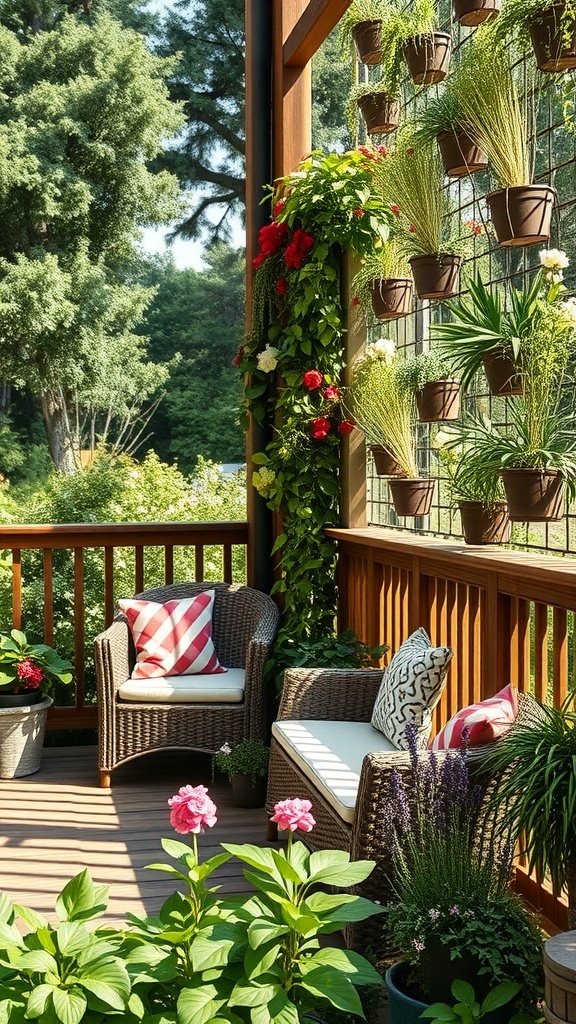 A cozy deck area with vertical gardens, featuring potted plants and comfortable seating.