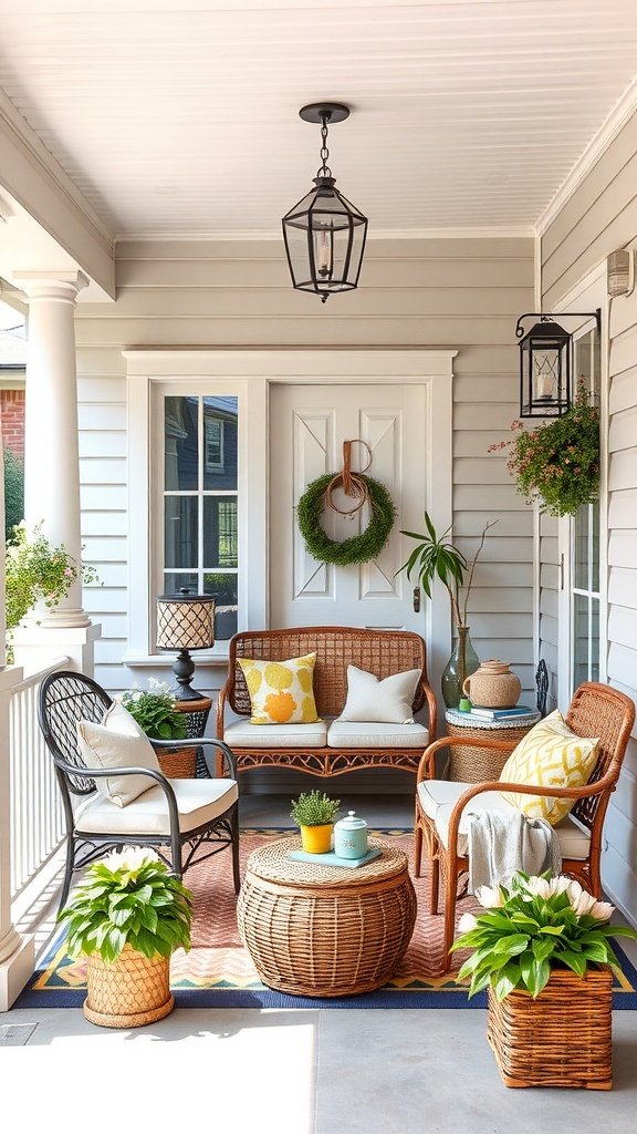 A well-decorated small front porch with wicker furniture, plants, and lanterns.