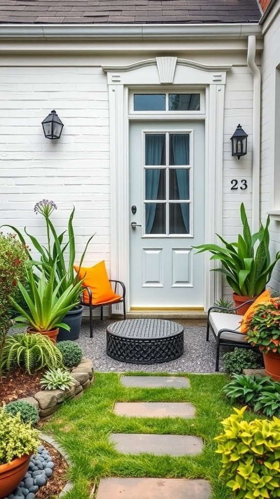 A small front yard with a pathway, potted plants, and seating.