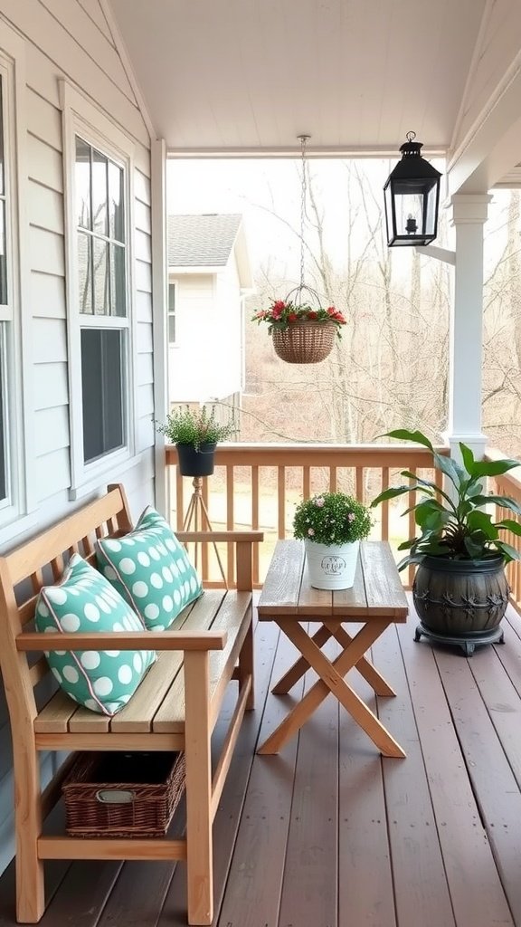 Cozy farmhouse front porch with a wooden bench, polka dot cushions, and a small table.