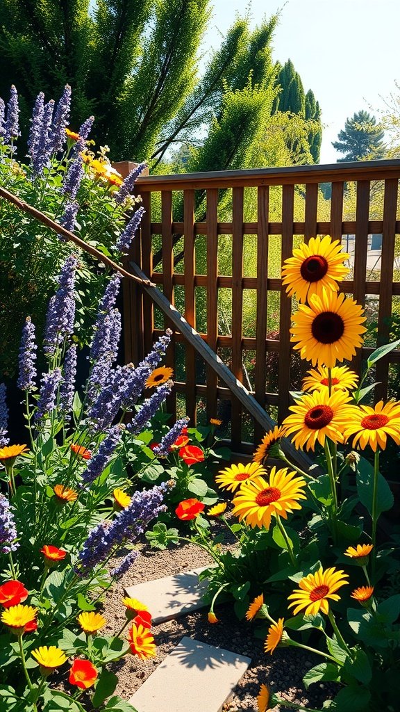 A colorful small garden featuring sunflowers and purple flowers, demonstrating sunlight maximization through strategic plant placement.