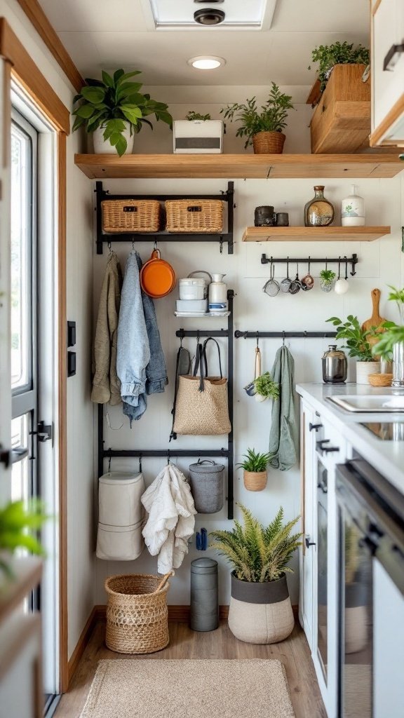 Interior of a small camper showing vertical storage solutions with shelves and hooks