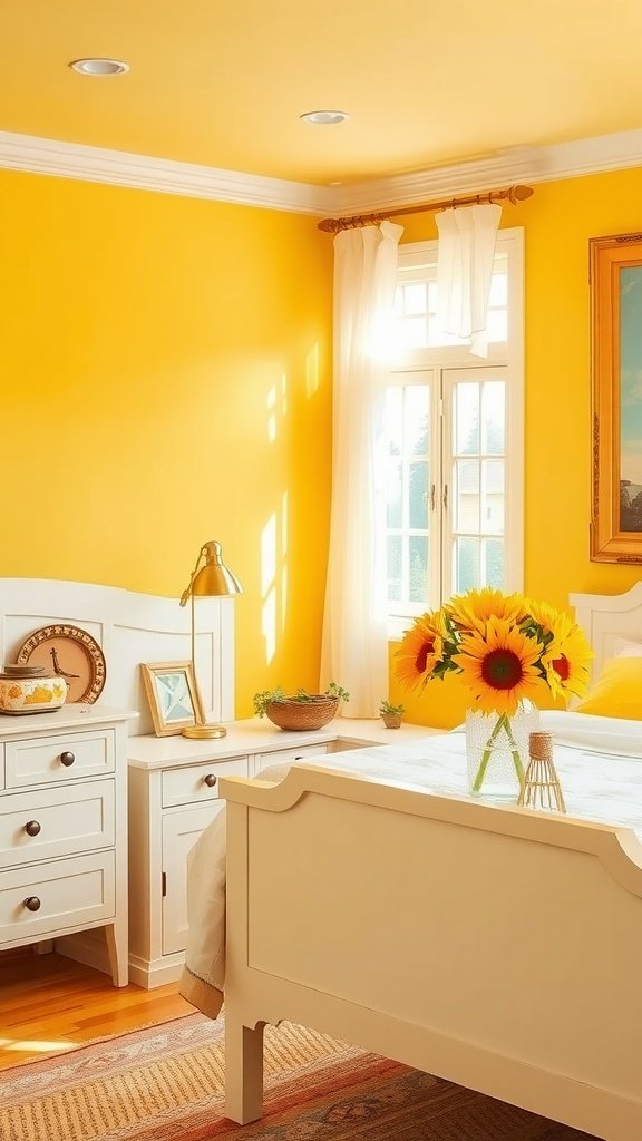 Bright yellow bedroom with white furniture and sunflowers