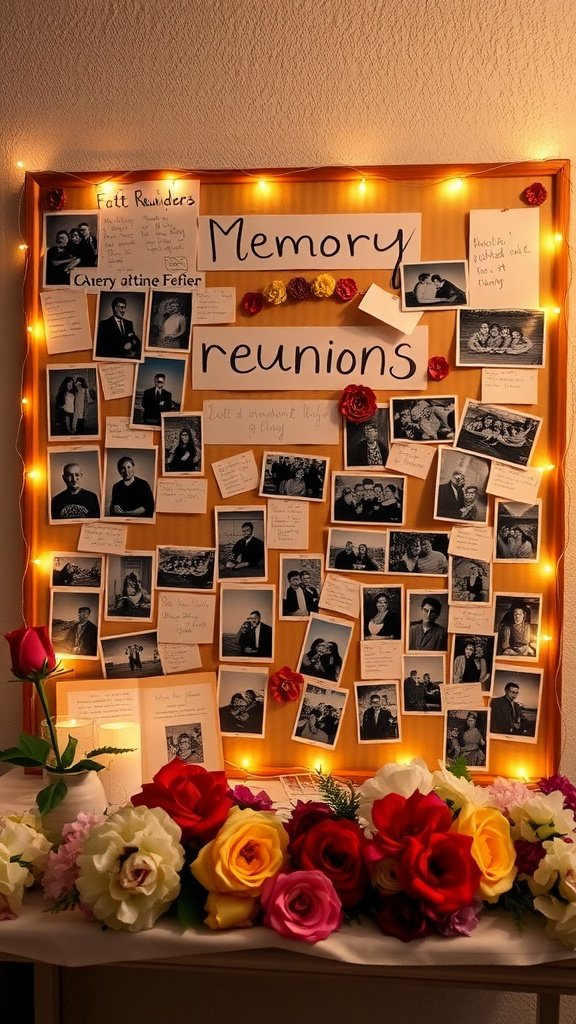 A decorated memory board with photographs and notes, surrounded by flowers.