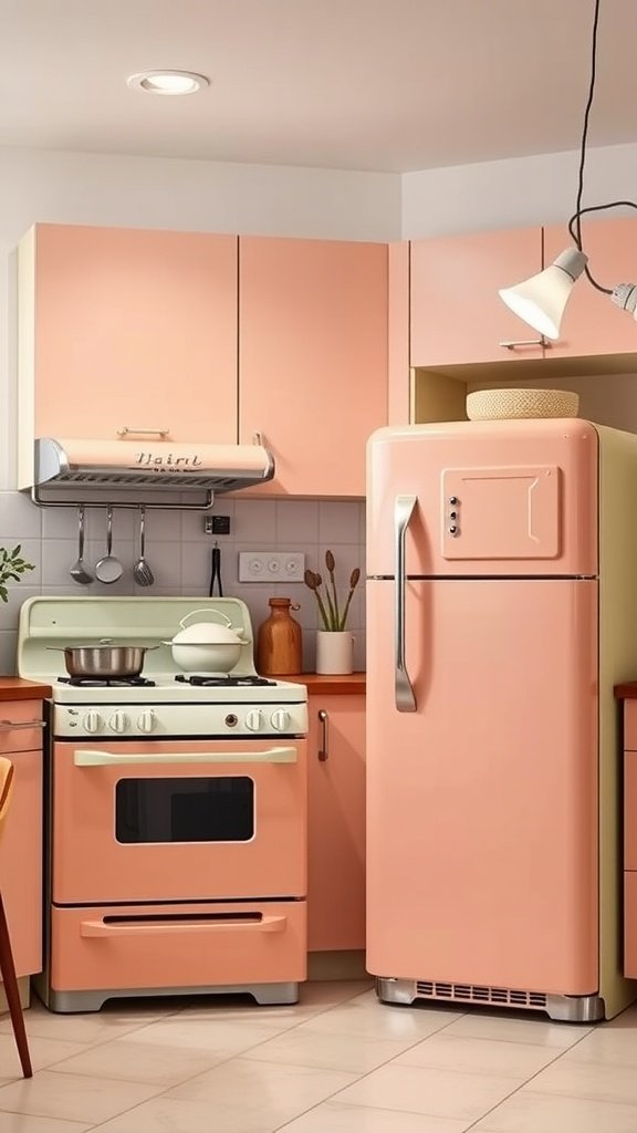 A mid-century modern kitchen featuring retro pink appliances, including a refrigerator and stove, with pastel cabinetry.