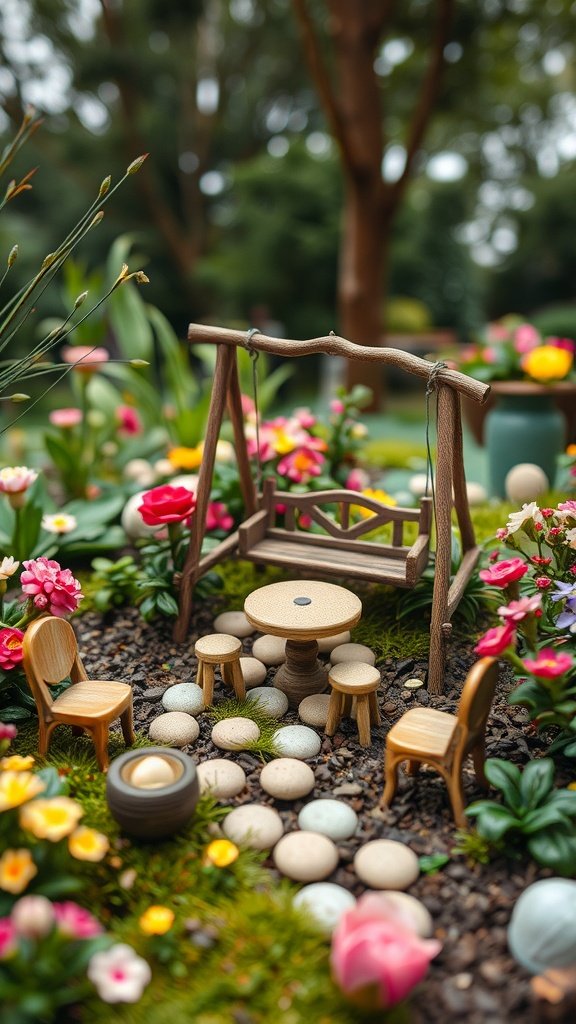 A miniature garden setup featuring a wooden swing, a table, and chairs surrounded by colorful flowers and stones.