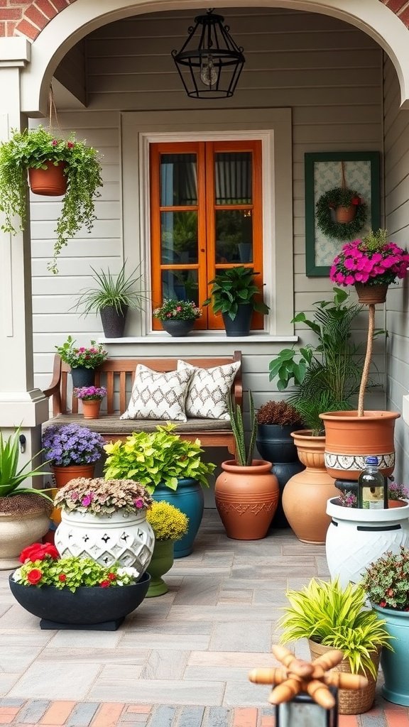 A front porch adorned with various eclectic planters filled with flowers and greenery.