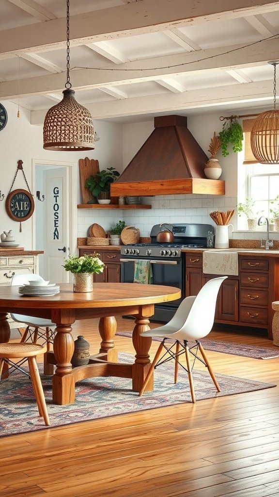 A cozy Boho kitchen featuring a round wooden table surrounded by mismatched chairs, warm wooden cabinets, decorative hanging lights, and potted plants.