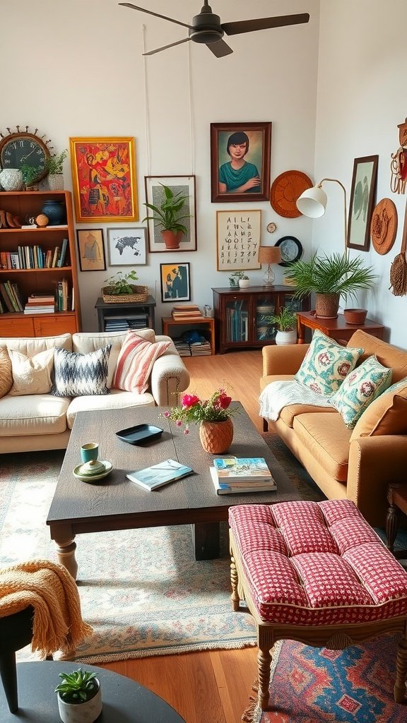 A large living room with mixed furniture styles, featuring a beige sofa, orange armchair, tufted bench, coffee table, and a gallery wall with various artworks.