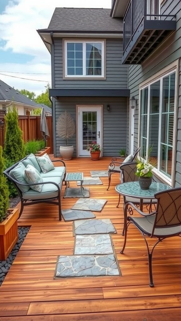 A cozy patio with wooden flooring, stone pathway, and modern seating.