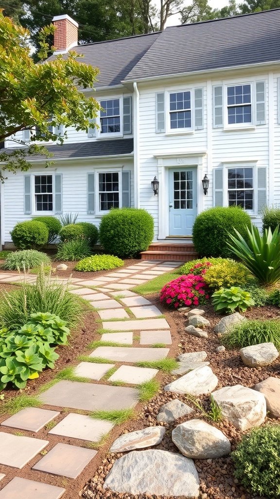 An elegant cape cod house exterior with a stone pathway, lush greenery, and vibrant flowers.