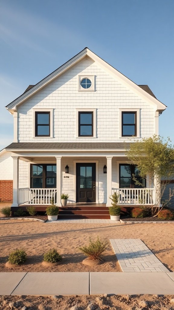Modern Cape Cod style house with a porch and landscaped yard.