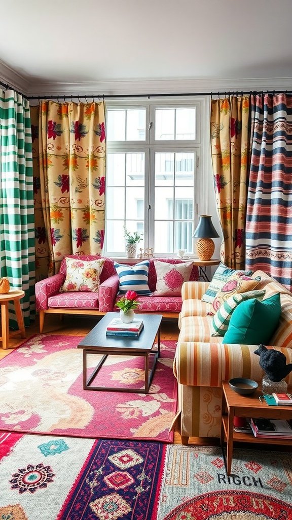 A cozy living room with mixed patterns in curtains, sofas, and rugs