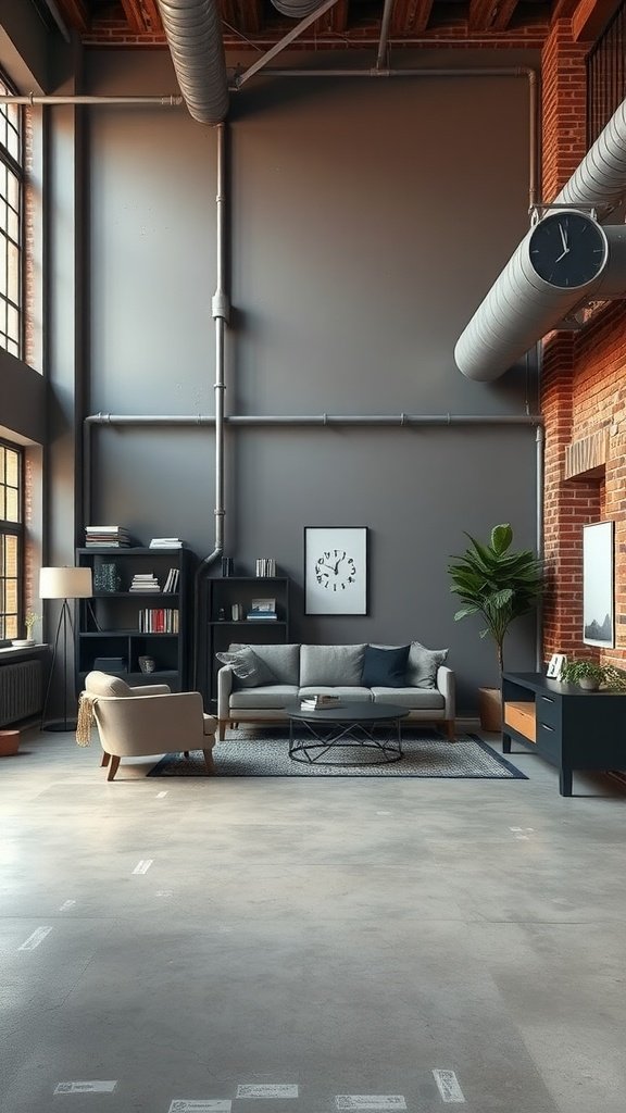 A modern living room with grey walls, exposed pipes, and natural light.