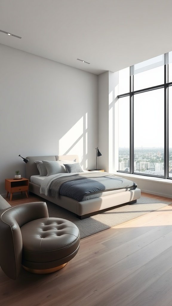 Modern guest bedroom with a large window, minimalistic bed, and a cozy chair