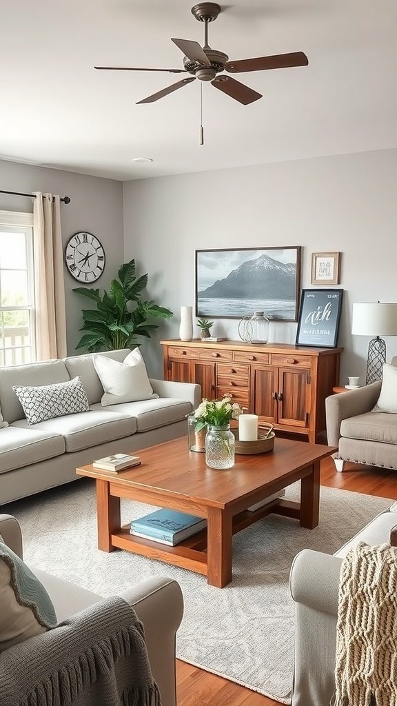 A cozy living room featuring a mix of modern and rustic farmhouse decor elements, including a wooden coffee table, soft gray walls, and a green plant.