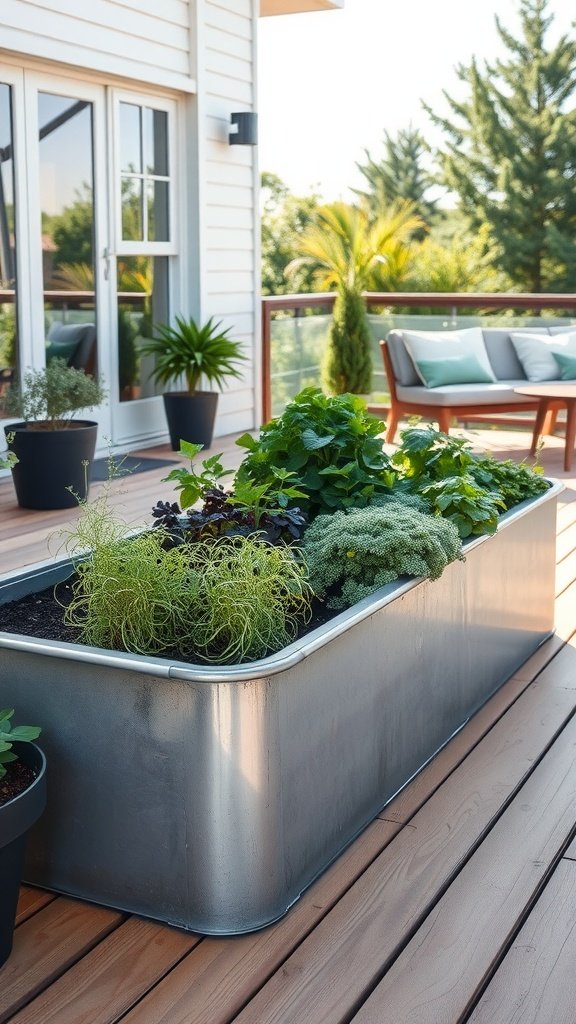 A modern metal raised garden bed filled with various green plants, placed on a wooden deck.