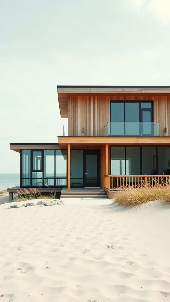 A modern Cape Cod house exterior with wood and glass elements on a beach.