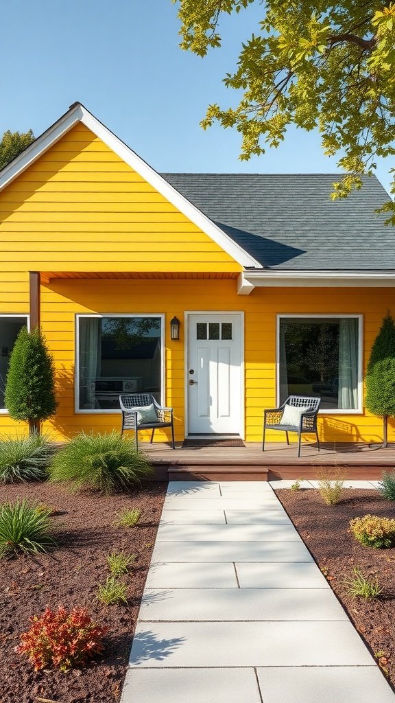Modern yellow Cape Cod house with welcoming porch and landscaped garden.