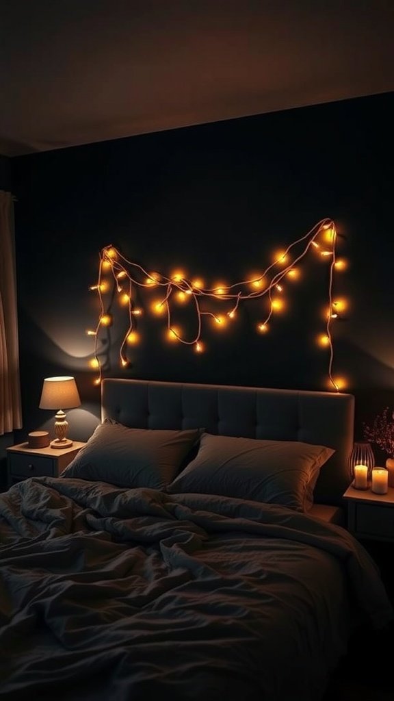 A cozy bedroom featuring warm string lights and a lamp illuminating a dark wall, creating a serene atmosphere.